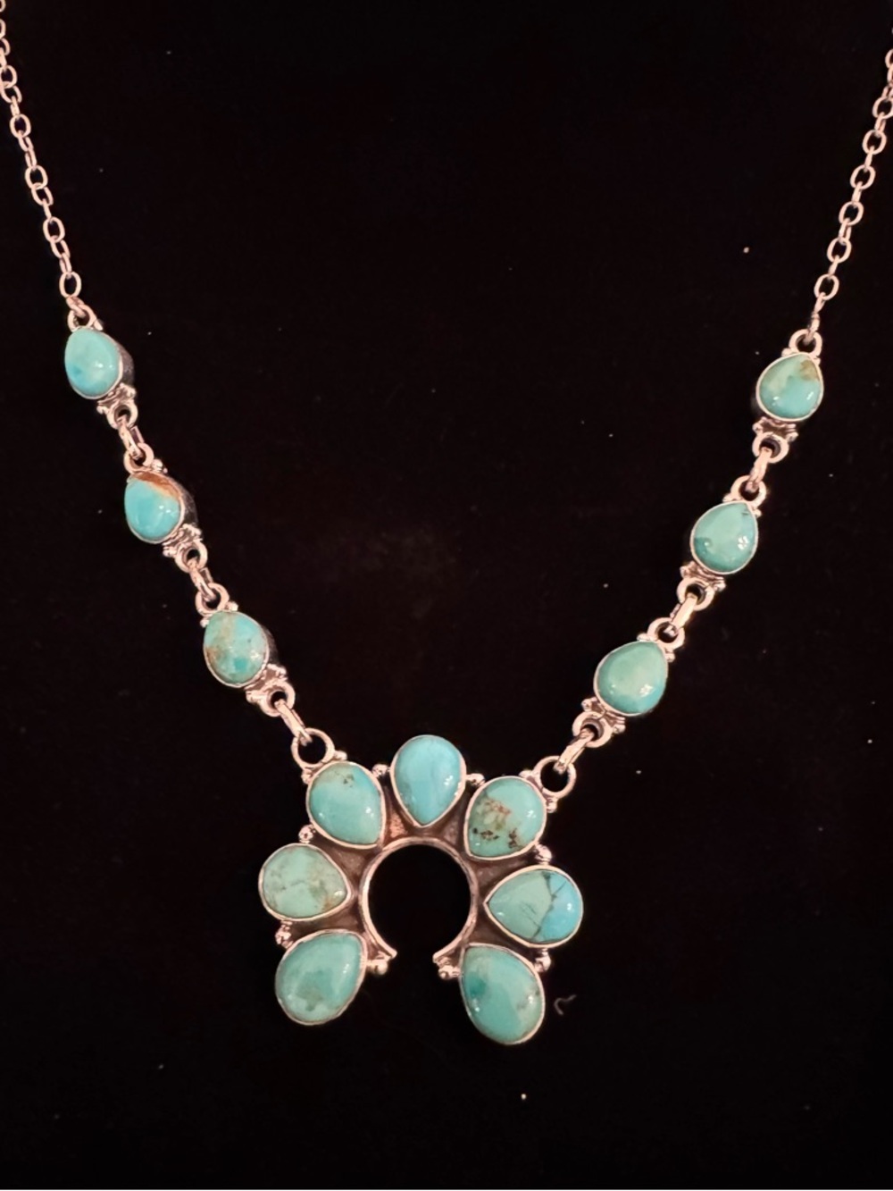 Genuine Turquoise Stone sterling Silver-Set Squash Blossom Style Necklace - Picture 3 of 6